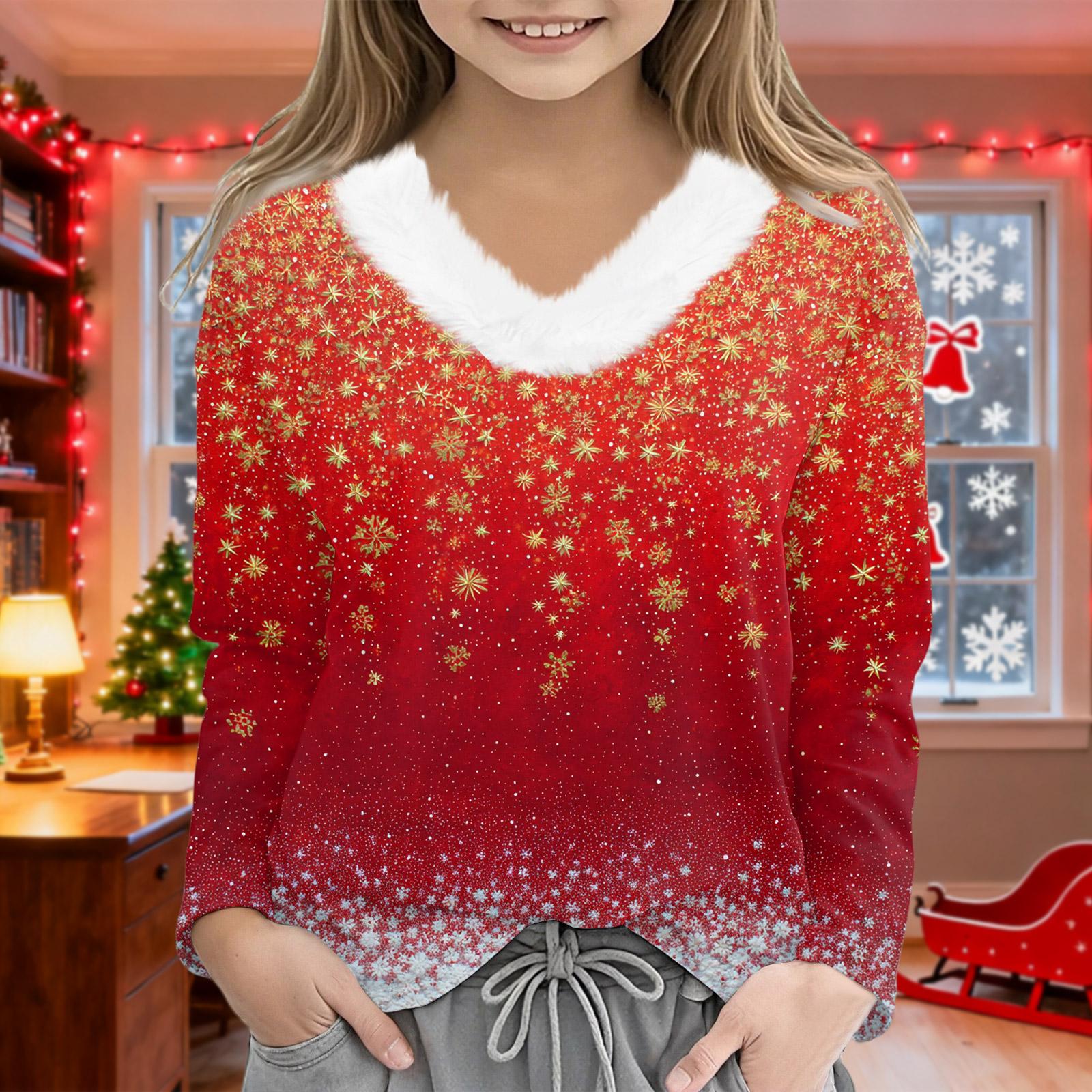

Christmas Day Girls Long Sleeve T Shirts Kids Girls V-Neck Tee Christmas Print Long Sleeve Top 150 красный