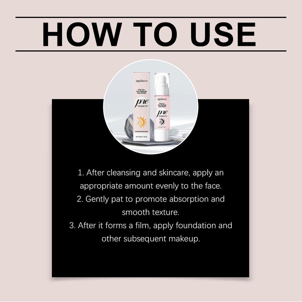 Zephoco Hydrating Makeup Primer: Protects, Moisturizes, and Improves Adherence for All Skin Types.