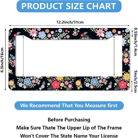 Floral License Plate Frame,Colorful Flowers Cute License Plate Frame 2 Pack Car Accessories Aluminum License Plate Covers for Men Women 2 Holes with
