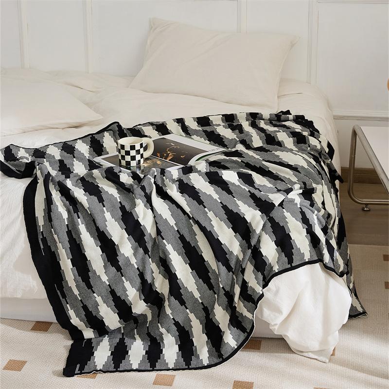 Abstract Geometric Knitted Blanket Black Blue Bedspread Modern Decorative For Sofa Throw Warm Living Room Bedding Home Decorate