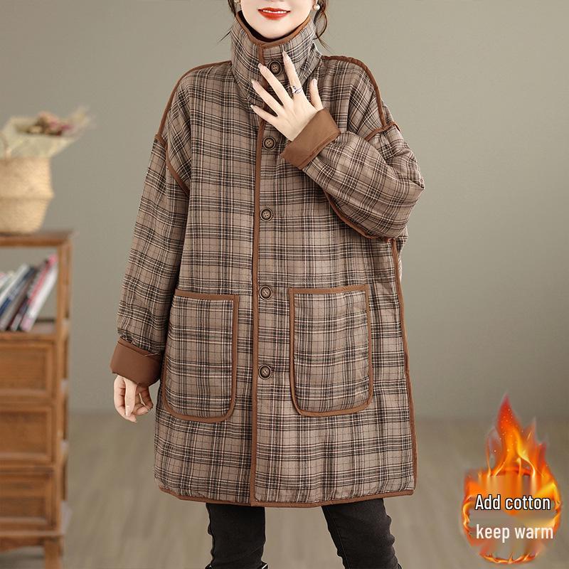 Women's Retro Plaid Thickened Cotton Padded Jacket - Casual, Warm, Versatile Winter Coat