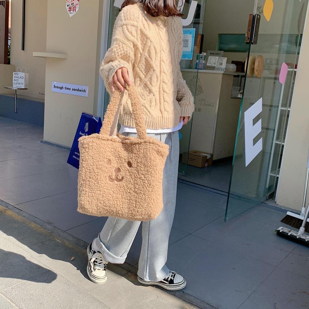Women Cute Plush Bear Girl Heart Embroidery Double Sided Shoulder Bag