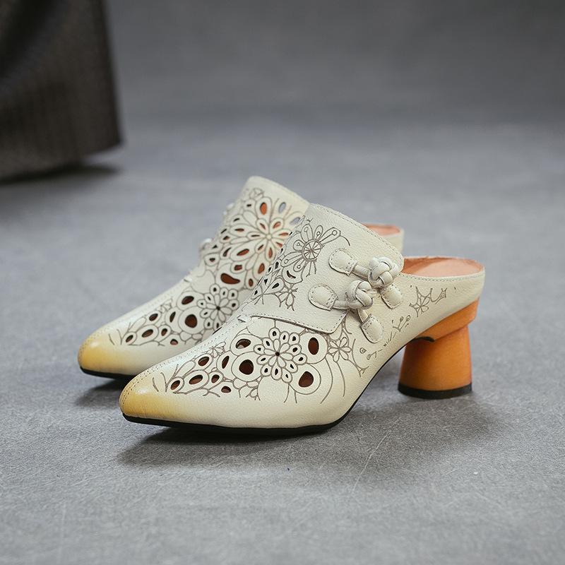 

Johnature Genuine Leather Retro Ethnic Style High Heels Pointed Toe Slippers Versatile Women s Shoes 40