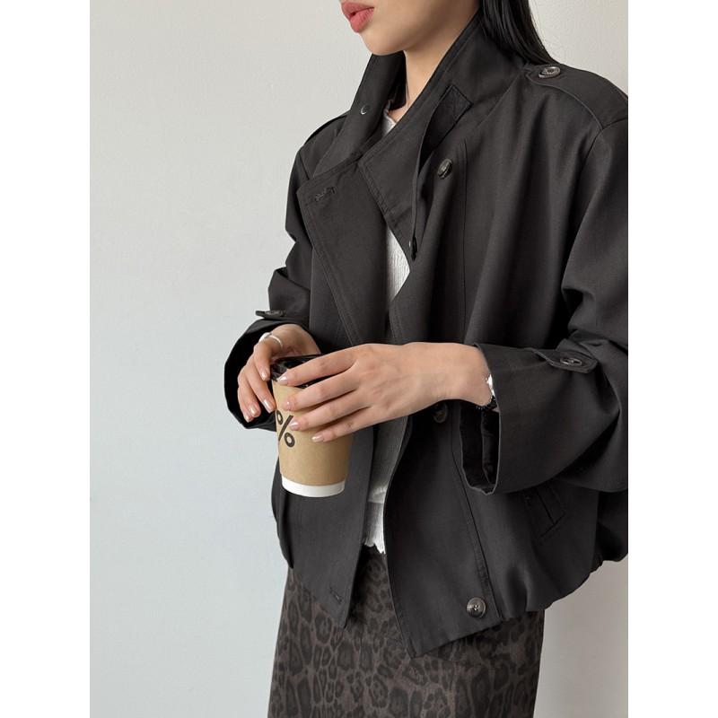 Womens Korean Style Stand Collar Loose Trench Coat Lightweight Casual Outerwear In Beige Gray Taupe