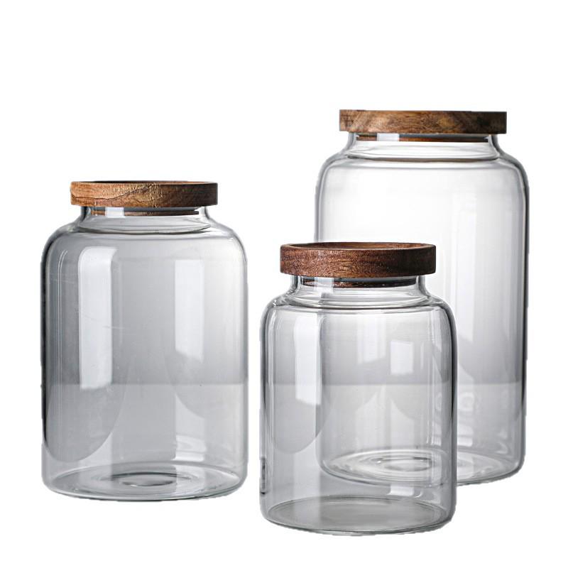 Large Capacity Acacia Wood Glass Storage Jar for Kitchen