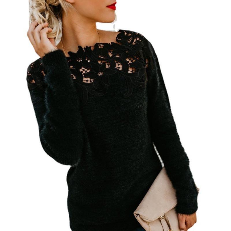Women's Clothing Clothing Solid Color Patchwork Lace Long-sleeved Sweater Pullovers