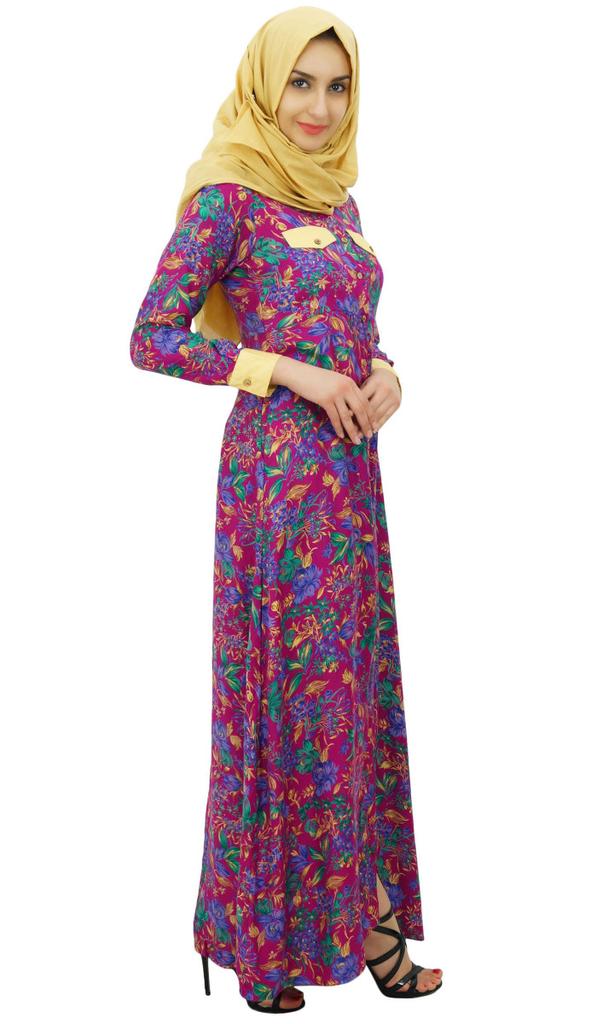 Bimba Womens Muslim Printed Jilbab Dress Designer Abaya With Pockets & Hijab
