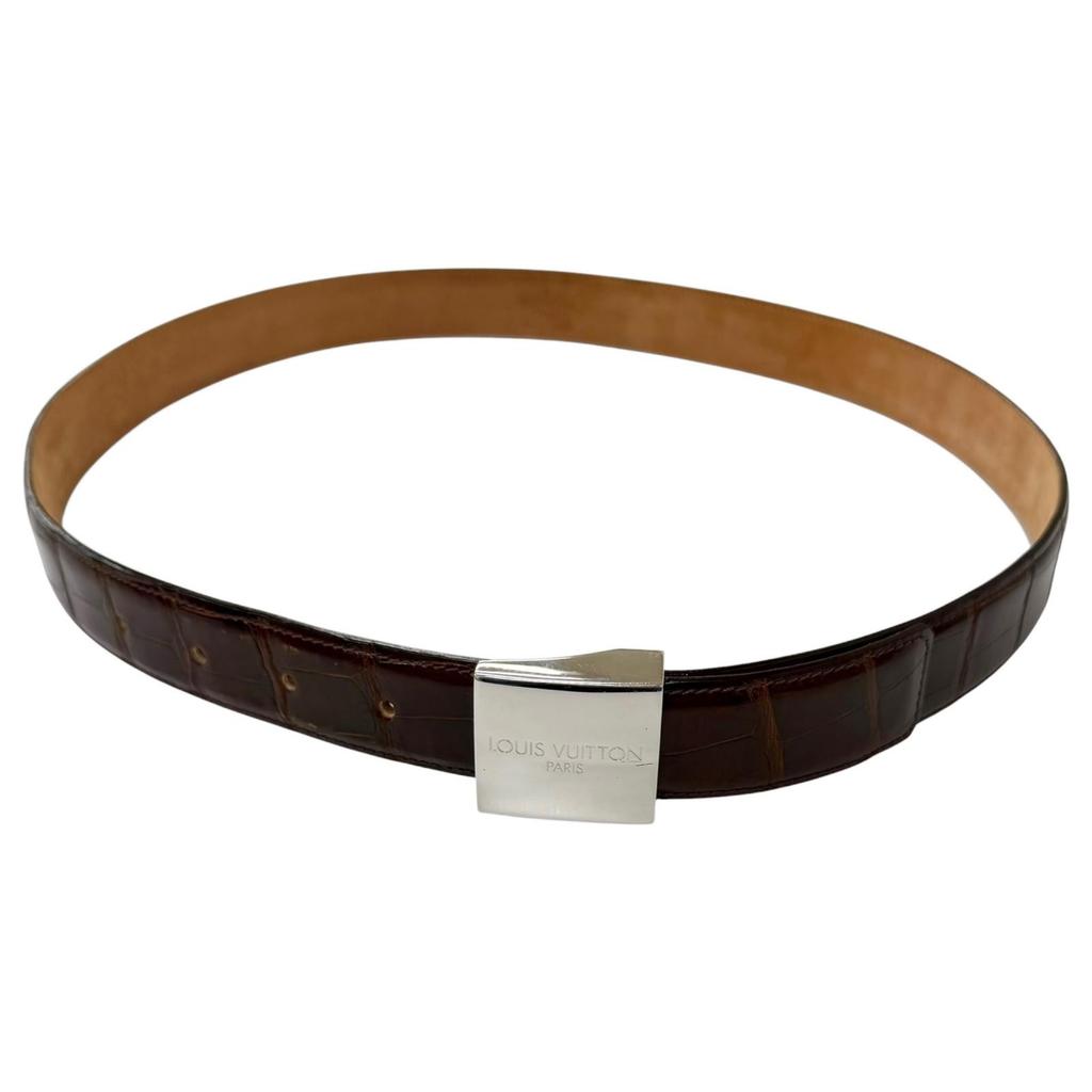 Great LOUIS VUITTON belt Ceinture Silver Logo Buckle Brown alligator mens Used