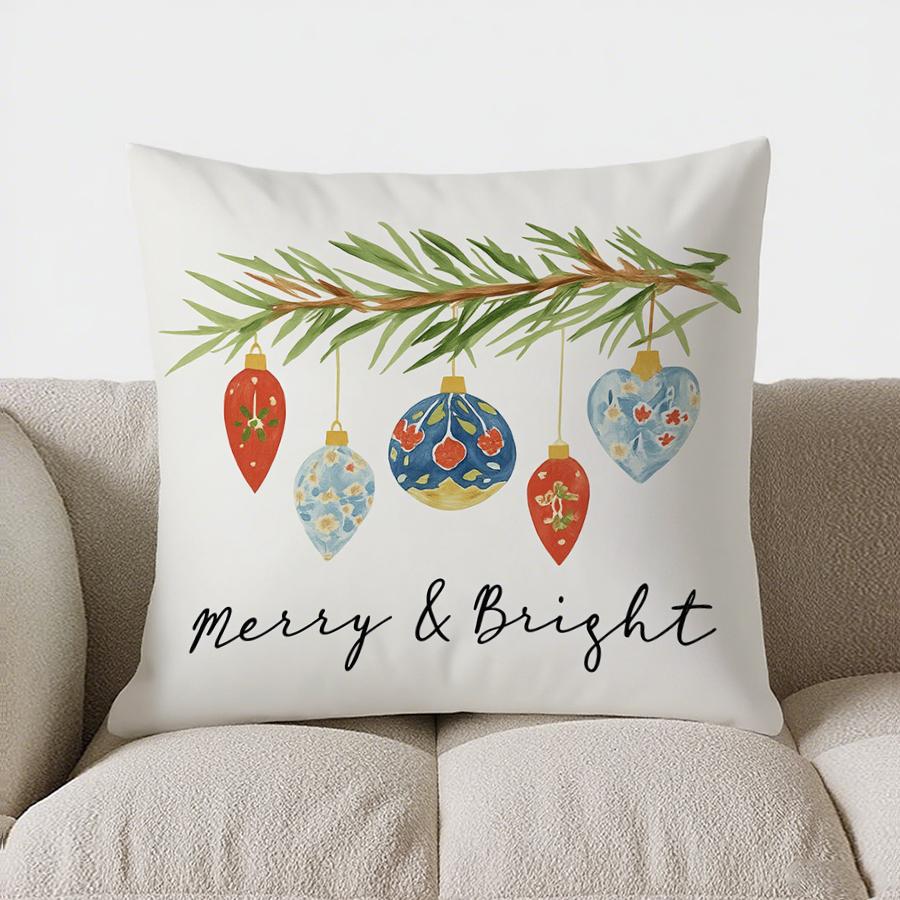 Home Decor Merry & Bright Christmas Ornament Pillow Cover Pattern Cushion Cover Suitable For Sofa Bedroom Car Pillow Cover