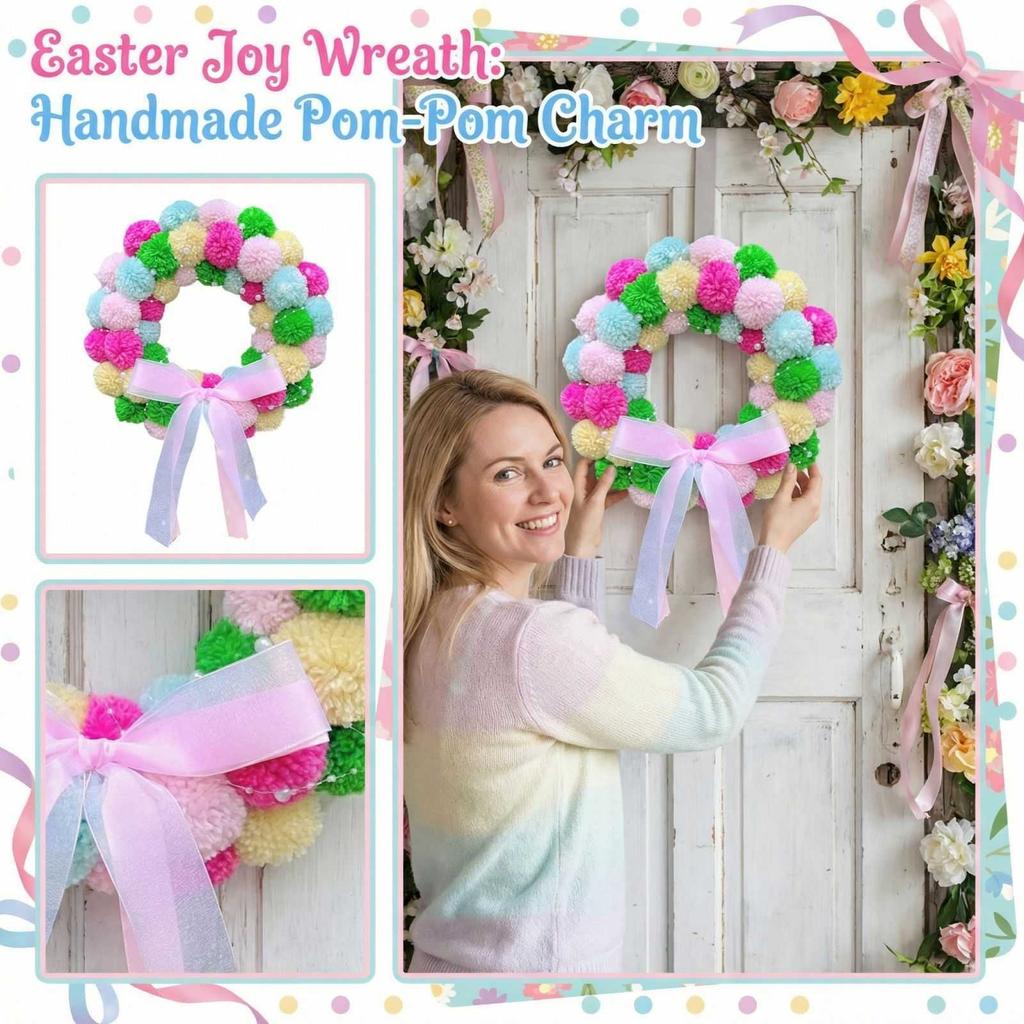 Easter Wreath Door Decoration Hanging Floral Circle, Plush Balls For Indoor Outdoor Porch Decoration
