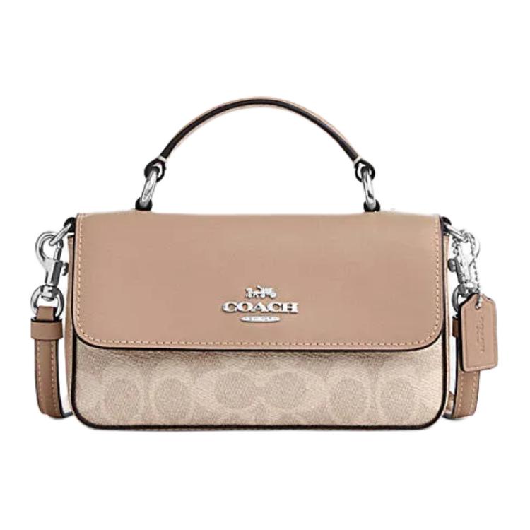 Coach Josie 18 Logo Buckle Closure Faux Leather And Cowhide Shoulder Crossbody Handbag Small Women handbag Gray-Brown CW412-SVPWH Basic Set (Bag+Dust Bag)