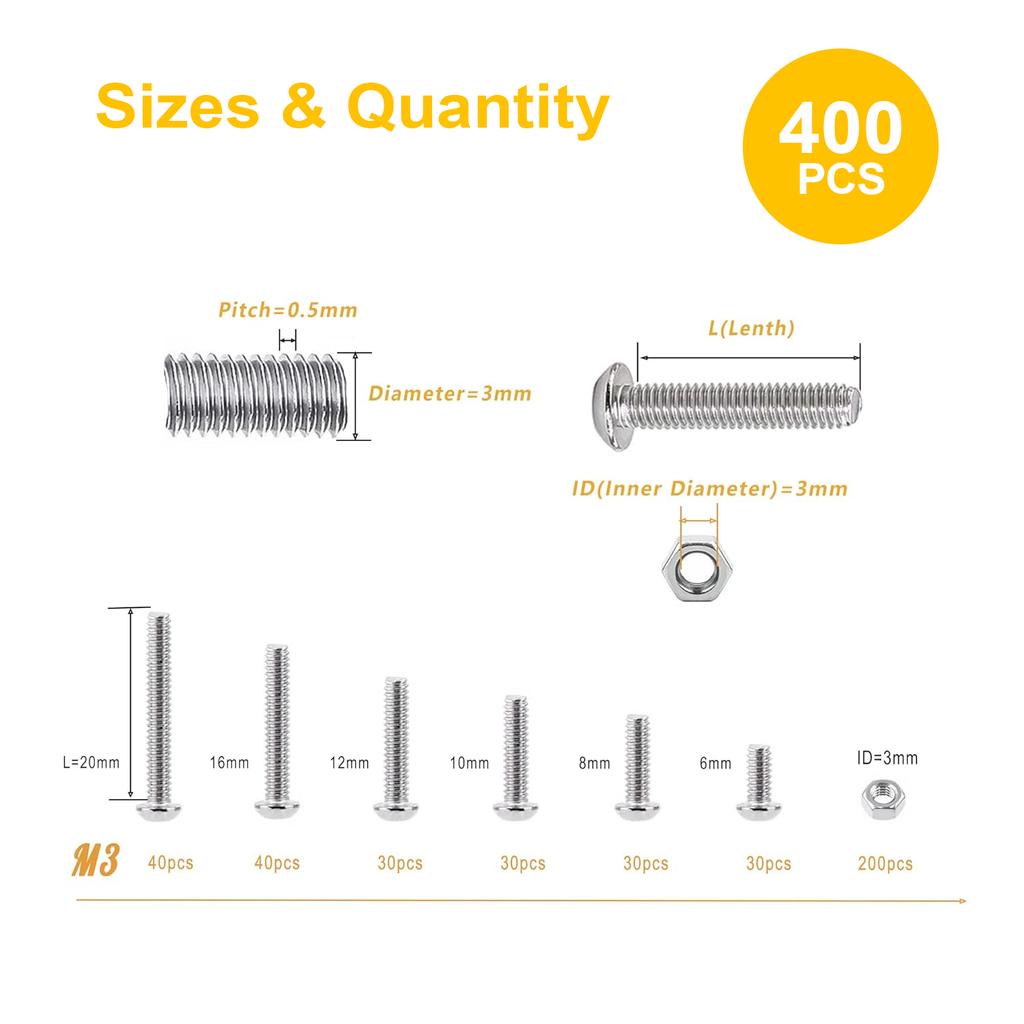 400 Stainless Steel Hexagonal Bolt Nut Combination, Metal Sleeve and Screw Combination, M3x(6/8/12/16/20)mm