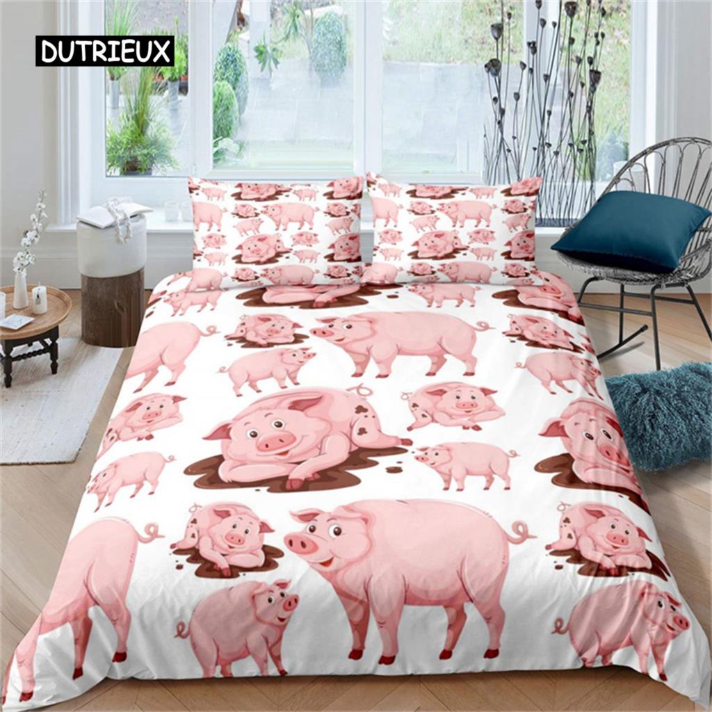 Cute Pig Duvet Cover Kawaii Pig Bedding Set Polyester Pigs Floral Comforter Cover Twin King For Teen Boy Girl Gift Room Decor