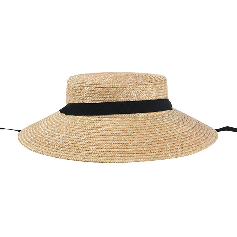 Elegante Damen Outdoor Sommerhut mit breiter Krempe für Damen Sonnenschutz Strand Flache Krone Strohhüte mit winddichtem Band