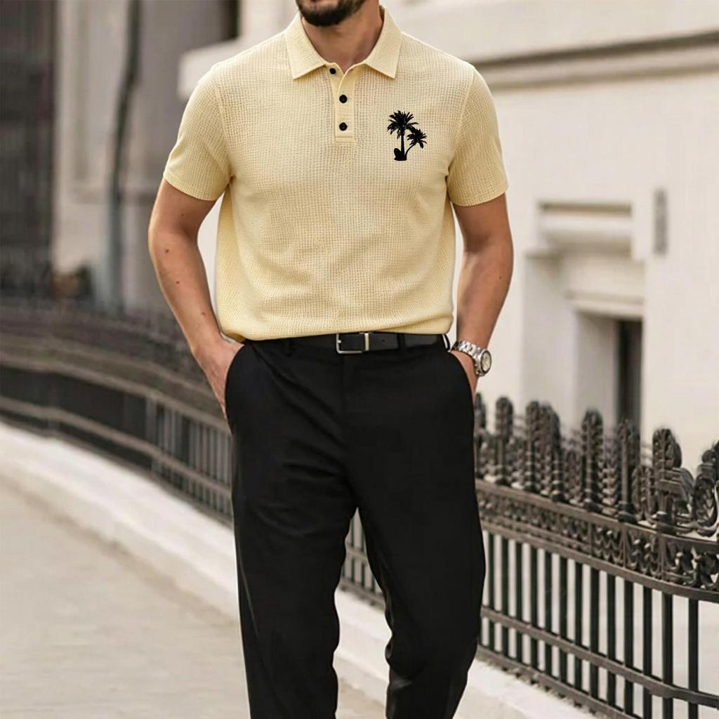 Men's Summer Premium Mesh Ice Silk Short Sleeve Polo Shirt Breathable Lightweight Casual Top with Palm Tree Embroidery
