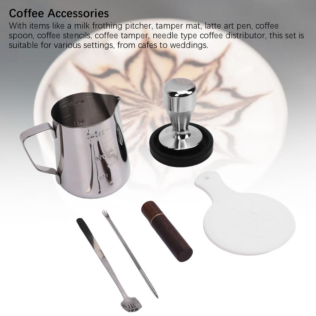 Coffee Making Tamper Set Milk Frothing Pitcher Latte Art Pen Coffee Tamper Mat Needle Type Coffee Distributor Coffee Spoon Coffee Stencils