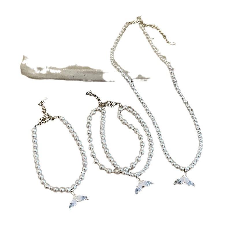 Pearl Crystal Fishtail Pendant Necklace Bracelet Women'S High Sense Elegant Personality Fashion Versatile Neck Chain Collarbone Chain