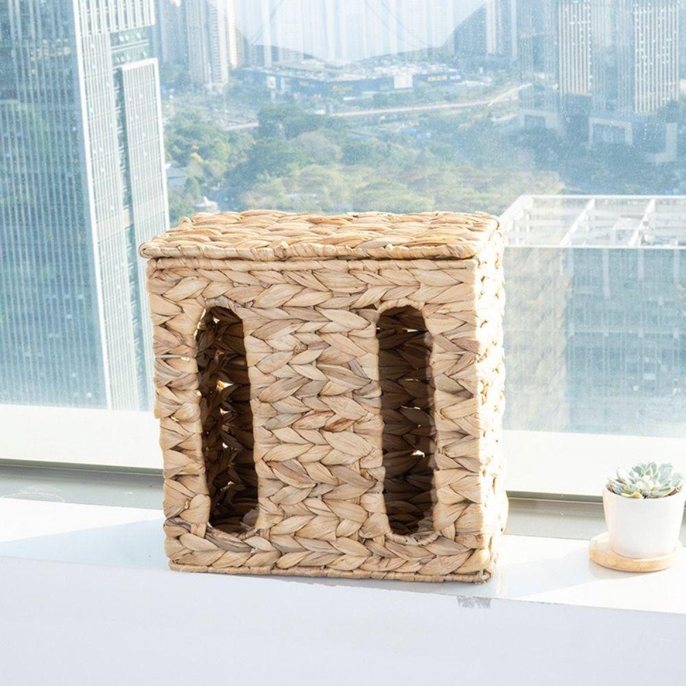Rectangular Straw Weaving Storage Basket Wall Mounted with Lid Tissue Box Large Capacity Garbage Bag Storage Box Living Room