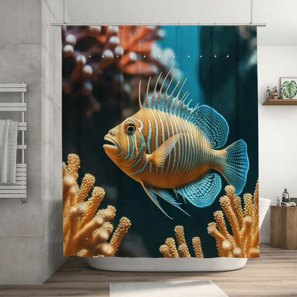 Stylish Fish Print Shower Curtain Waterproof Fabric Bathroom Decor Waterfall Design Blue Gold Marine Life Indoor Decoration Size