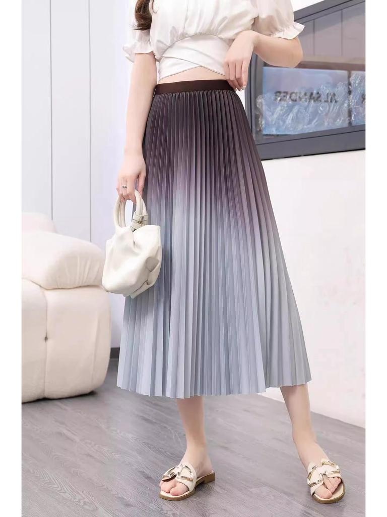 Women's Gradient Pleated Midi Skirt: Classic A-Line Slimming Design for Spring & Summer
