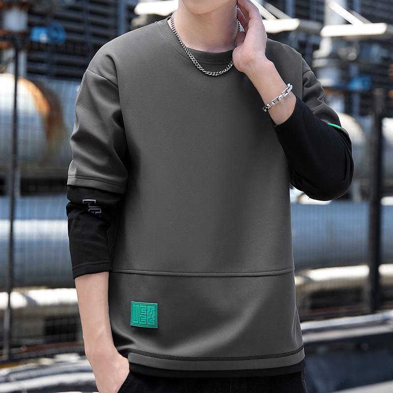 Autumn 2023 Men's Round Neck Sweatshirt - Fake Two-Piece, Versatile, Casual, Handsome Style