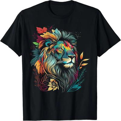 Colorful Lion Womens Graphic Summer Floral Animal Graphic T-Shirt