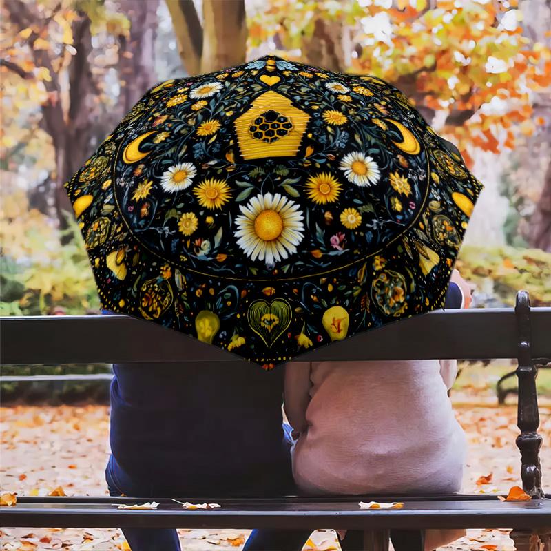 Bee Flower  Pattern, Automatic Folding Umbrella, Portable and Foldable Design, 8 Ribs, a Christmas or Birthday Gift.