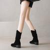 Krazing Pot Cow Suede Nubuck Winter Round Toe Modern Boots Med Heels Slip On Pleated Decoration Women Mid-calf Boots