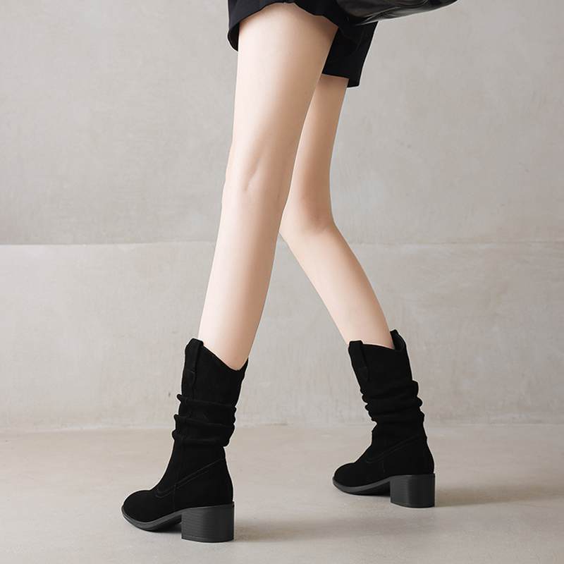 Krazing Pot Cow Suede Nubuck Winter Round Toe Modern Boots Med Heels Slip On Pleated Decoration Women Mid-calf Boots