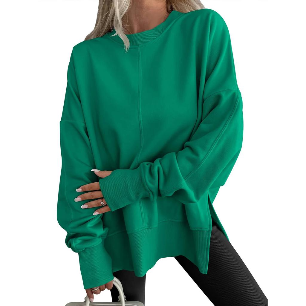 Women Sweatshirt Casual Crew Neck Oversized Long Sleeve Pullover Tops Ladies Solid Color Blouse Soft Side Slit Sweatshirts