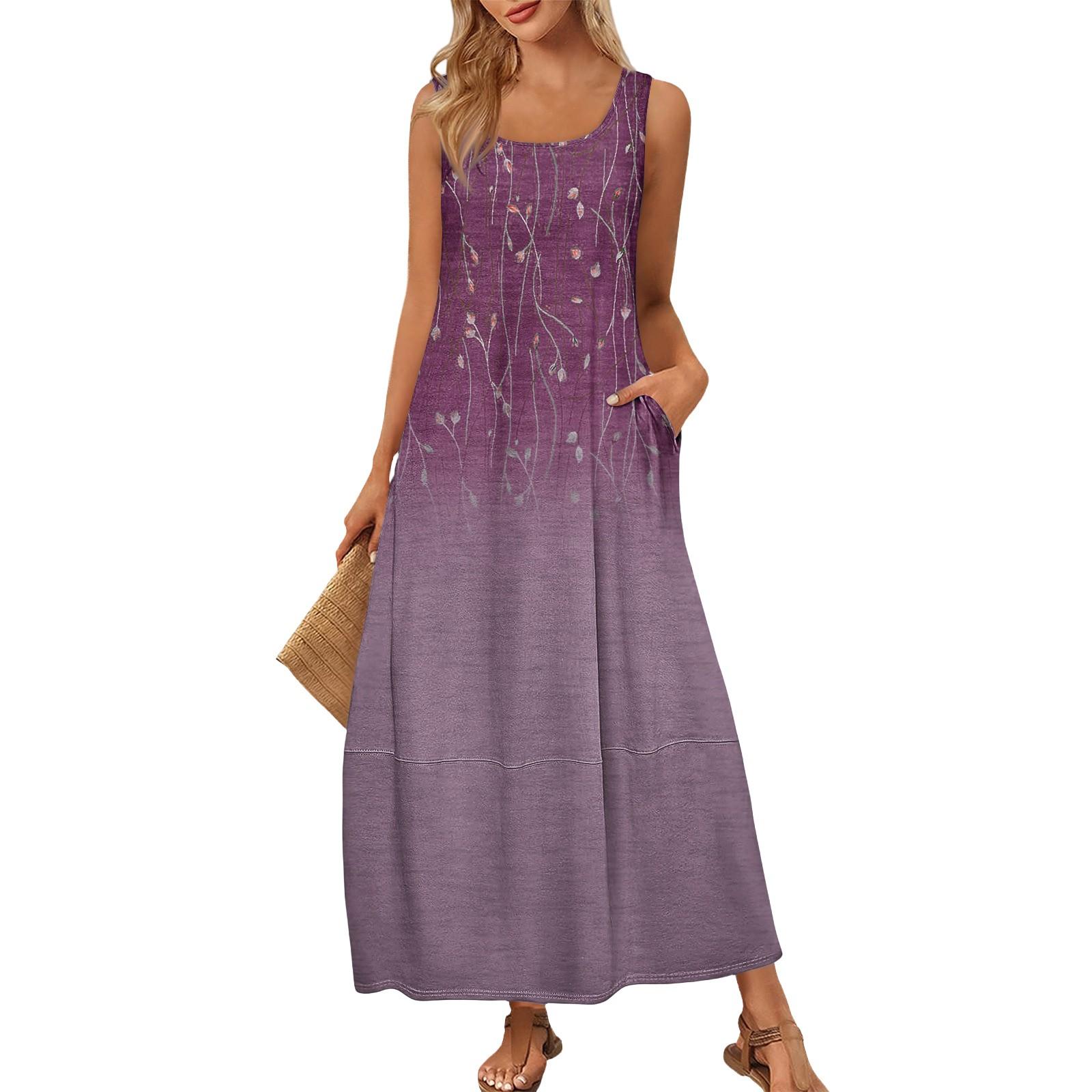 

Женское летнее модное платье без рукавов с круглым вырезом для пляжа, винтажные платья с цветочным принтом XL фиолетовый