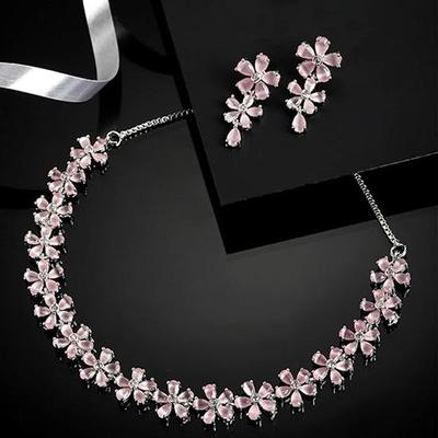 Rhodium Plated Silver Toned White American Diamond Studded Flower Shaped Jewellery Set For Girls and Women
