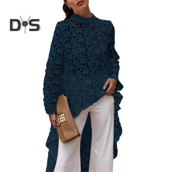 Women Long Top Cutout Irregular Crochet Lace Floral Patchwork See-through Short Front And Long Back Blouse Half-High Collar Long Sleeve Dress