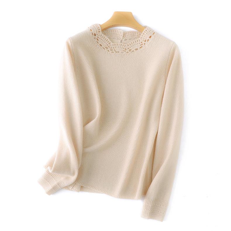 Women's 100% Mercerized Pure Wool Round Neck Pullover Sweater - Handmade Crochet Slimming Knitwear