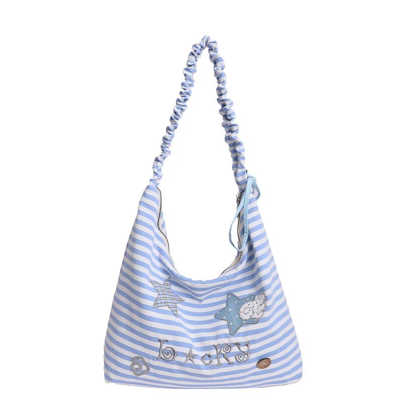 

Korean Fashion Striped Crossbody Bag Cute Star Embroidered Shoulder Bag Pleated Strap Design Dumpling Bag Lightweight Commuter 34x10x30cm