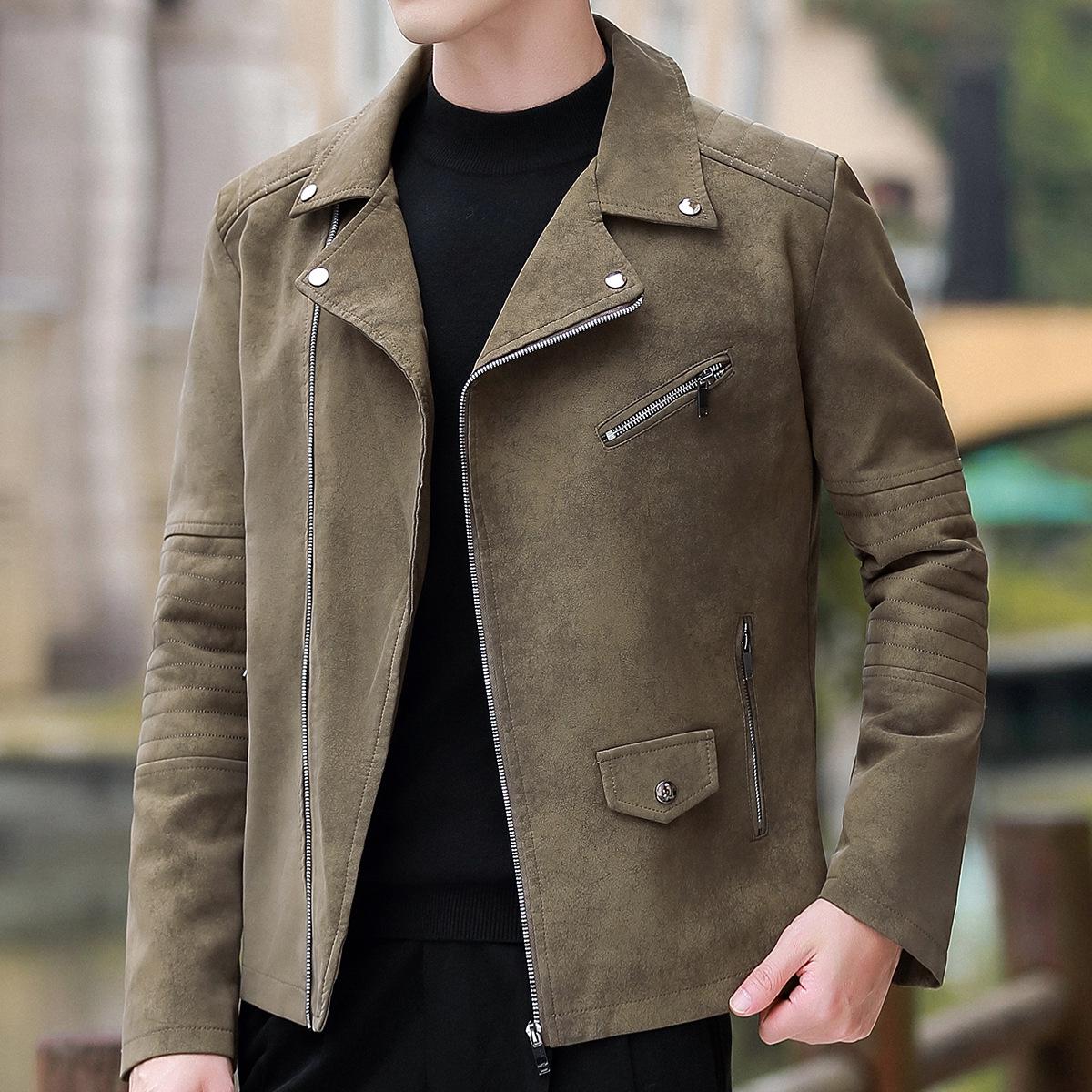 

Men s Mature Style Leather Jacket: Cross-Zip, Fleece-Lined, Motorcycle Design, Suit Collar, Casual PU Outerwear, Double Zipper. 3XL зелений