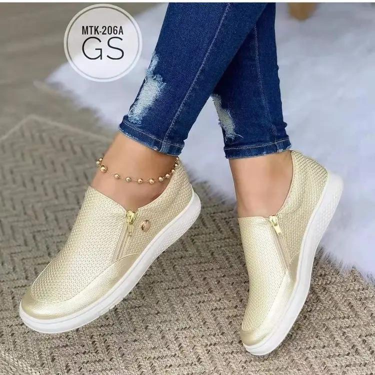 

2024New Sneakers Women Flat Shoes Slip-on Casual Sports Shoes Platform Sneakers Zipper Temperament Walking Shoes for Women 36 золотий