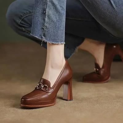 Women'S Platform High Heels Autumn British Style Square Toe Ladies Elegant Dress Single Shoes Women Slip On Lightweight Loafers