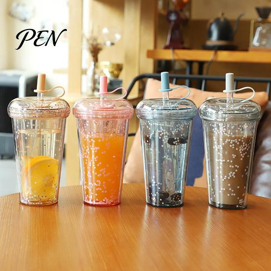 Handheld Drinkware for Campus Transparent Straw Cup, with Sequins Decor And Leak Proof Cute Milk Tea Cup Girls Lid, Reusable Plastic Sippy Students