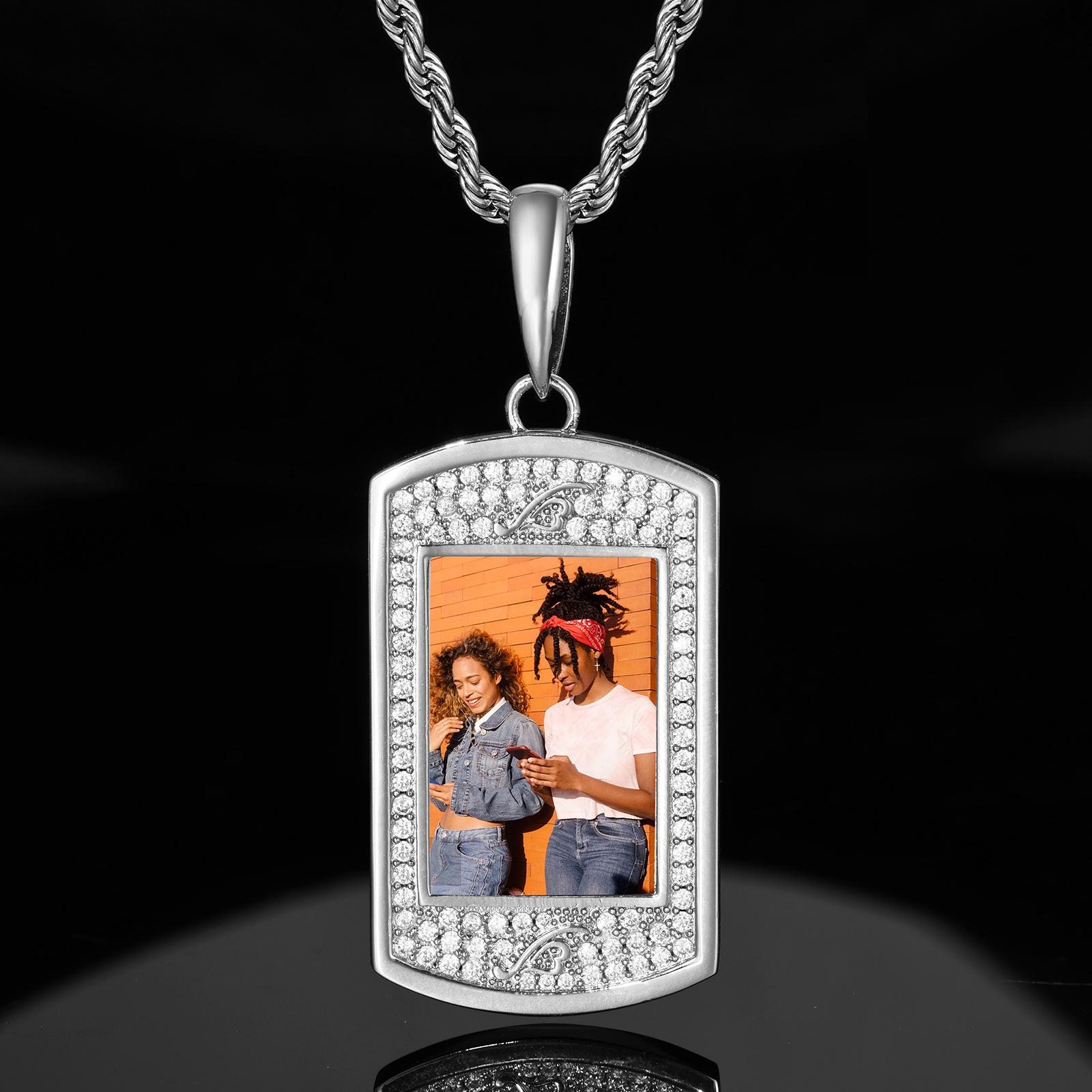 European & American Hip Hop Dog Tag Pendant with Zircon Inlay - Customizable Photo Necklace