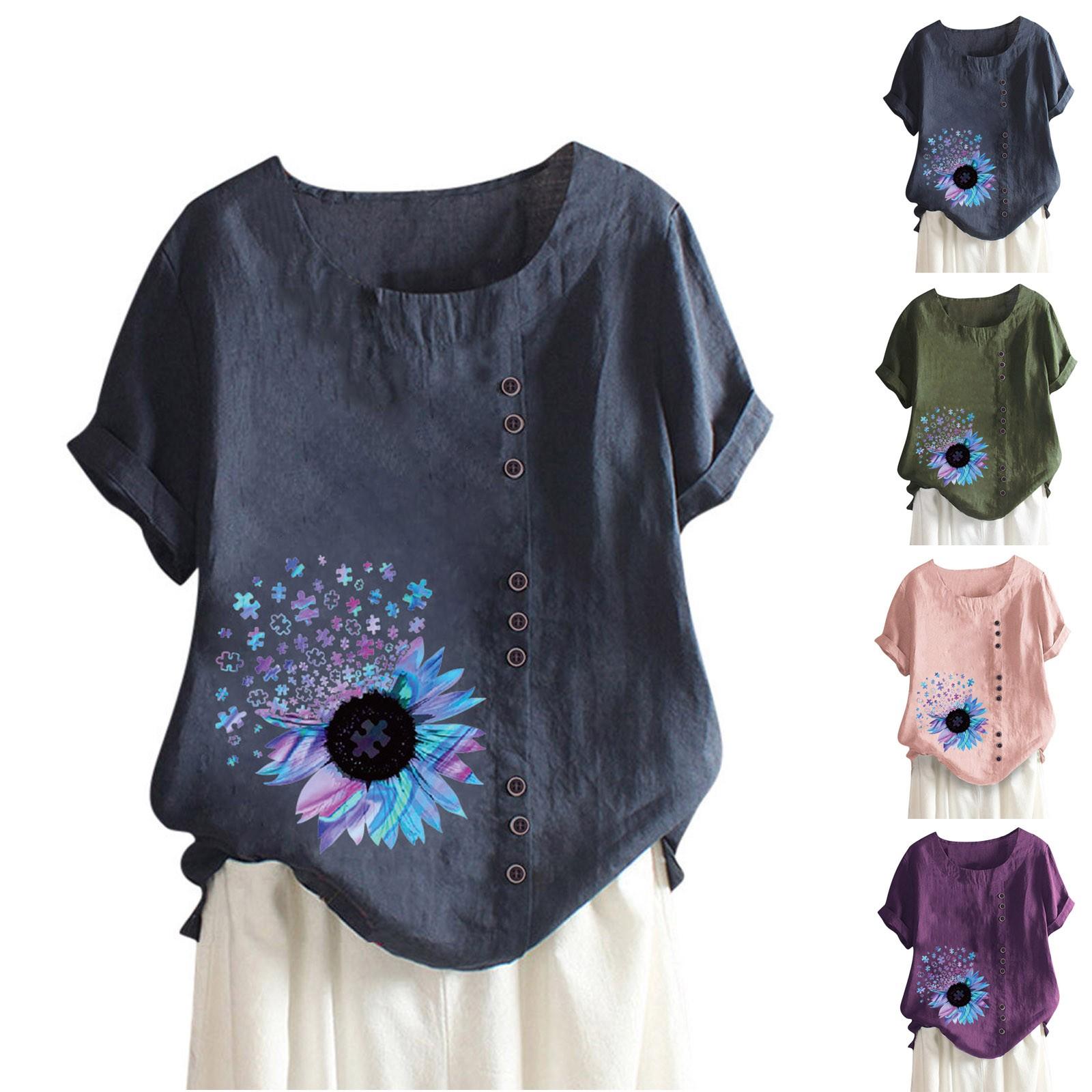 

(Куниде) Женская легкая дышащая футболка с круглым вырезом из хлопка и льна с короткими рукавами и пуговицами с принтом Топ