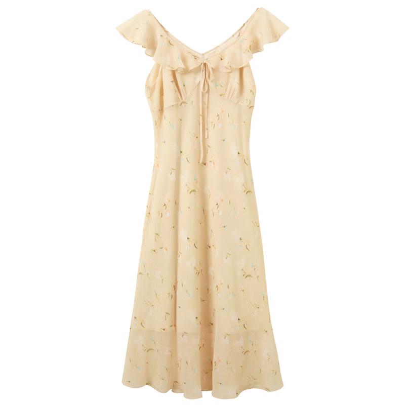 French Style Floral V-Neck Chiffon Maxi Dress S