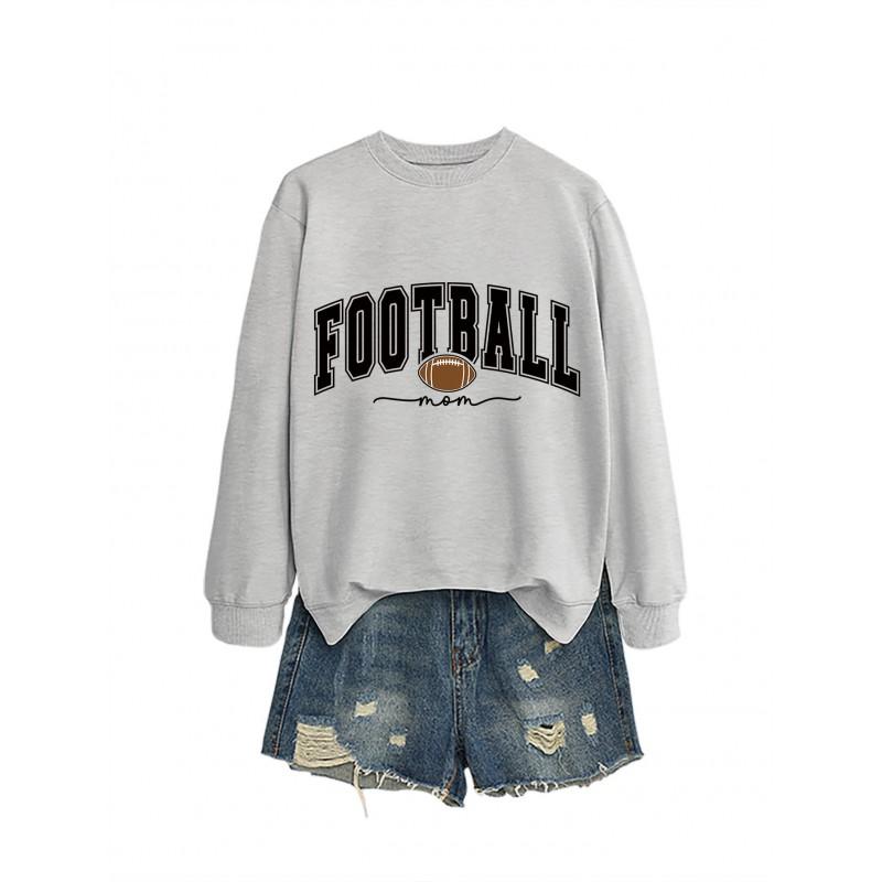 Womens Casual Round Neck Long Sleeve Cotton Sweatshirt With Football Mom Print - Loose Fit Plus Size S-XXL