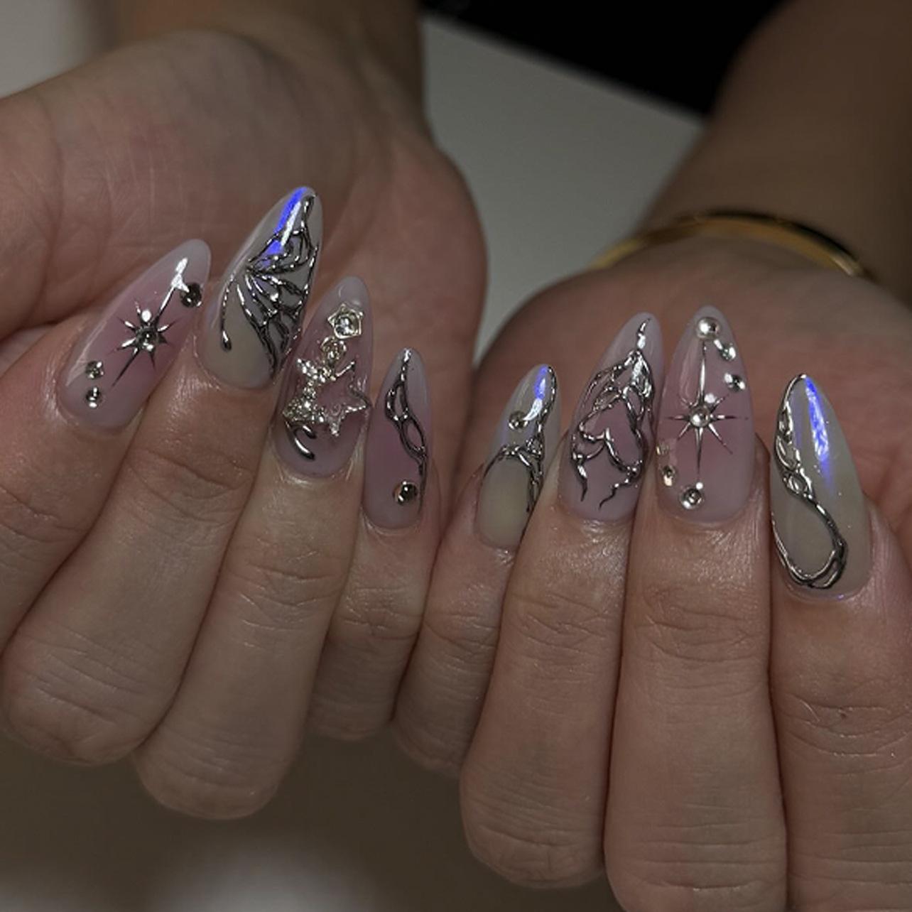 3D silver butterfly manicure fake nail short almond wearing nail piece purple smudge wearing nail piece