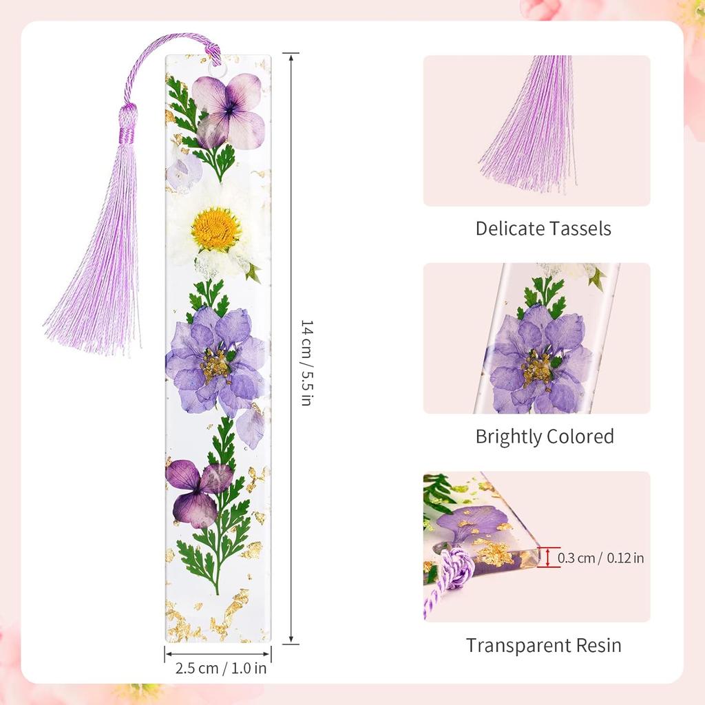 Leezmark 6 Pcs Resin Dried Flower Bookmarks, Transparent Dried Floral Bookmark Cute Pressed Flower Bookmark with Tassels, Gifts for Readers, Page