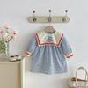 2026 Spring Girls' Navy Collar Striped Dress with Sailboat Embroidery