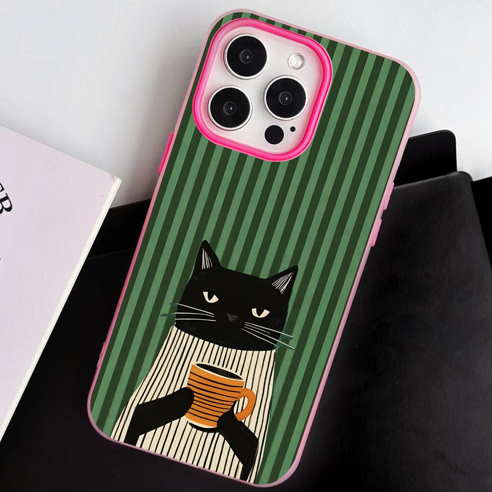 Cute Coffee Cat Jelly Double layer Rose Red Mobile Phone Case for iPhone 17 16 15 14 13 12 11 Air Pro Max Plus Protective