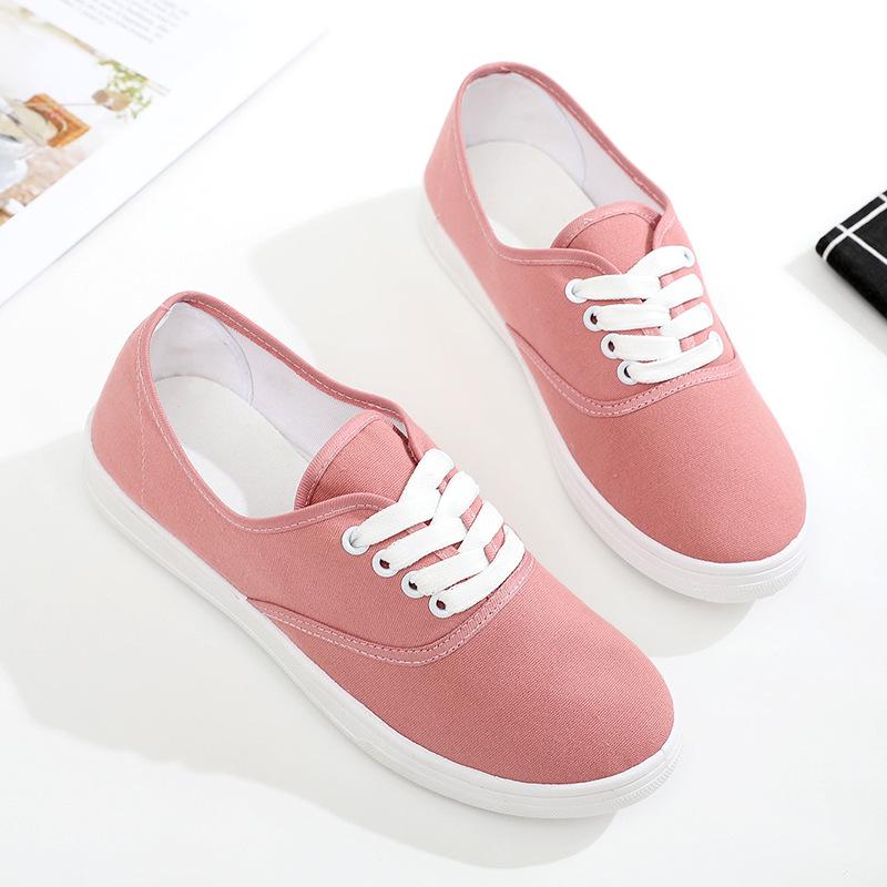 Damskie płócienne tenisówki w jednolitym kolorze, proste, sznurowane buty na płaskim obcasie, swobodne i lekkie buty studenckie, rekreacyjne buty na deskę