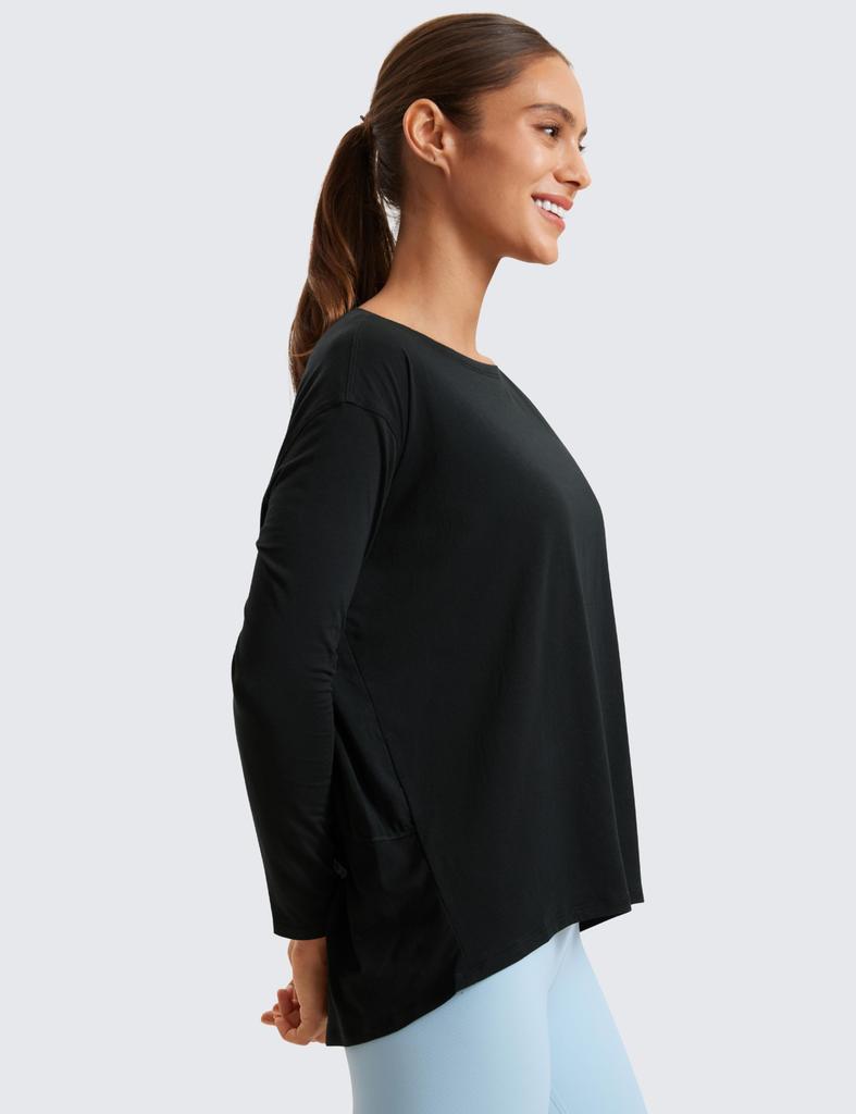 CRZ YOGA Long Sleeve Pima Cotton with Boat Loose Casual Yoga Size Women's T-Shirt Neck, Basic, Fit, Top, Black, M, Spring/Autumn