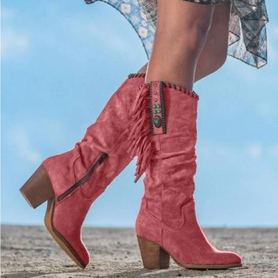Bottes Cowboy Franges Femme Mi-Mollet – Daim Marron Plates, Confortables Et Légères Pour Hiver